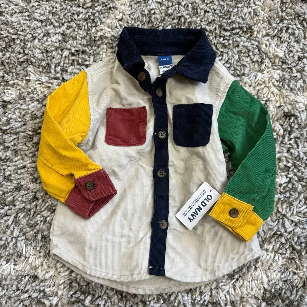 NWT Old Navy Colorblock Corduroy Shirt Baby Boy 6-12 Months Button Down